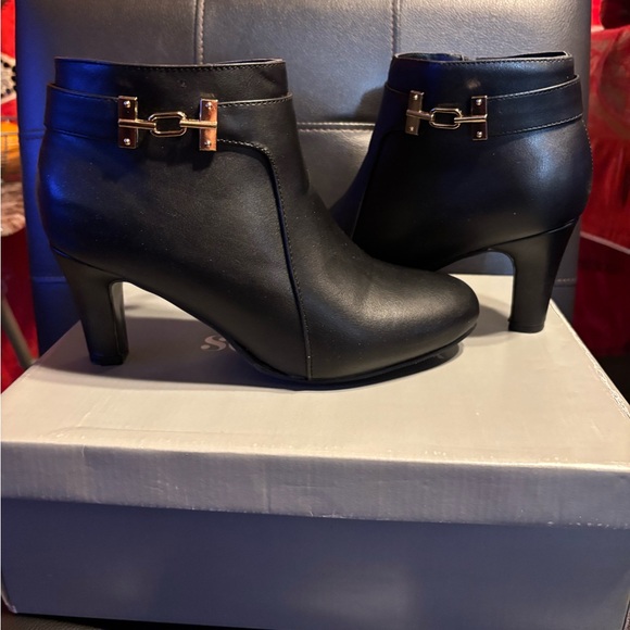 Ashley Stewart Shoes - Ashley Stewart Black Ankle Booties with Gold Accent